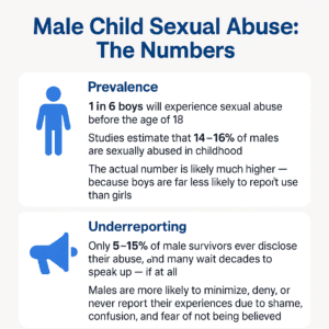 1 in 6 boys will experience sexual abuse before the age of 18. (Source: 1in6.org)