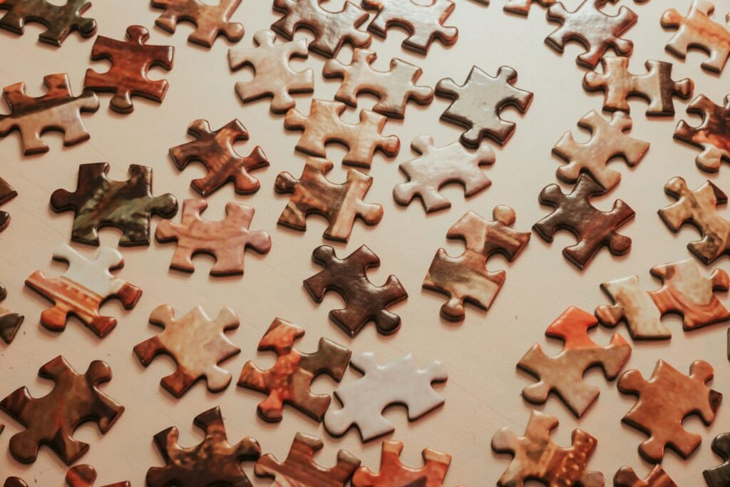 Scattered puzzle pieces