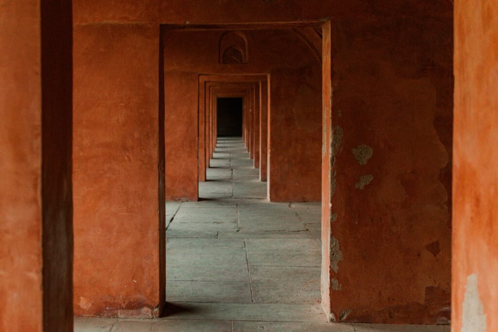 Rows of orange doorways