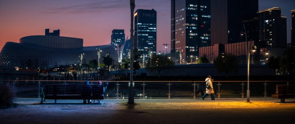 City skyline at dusk